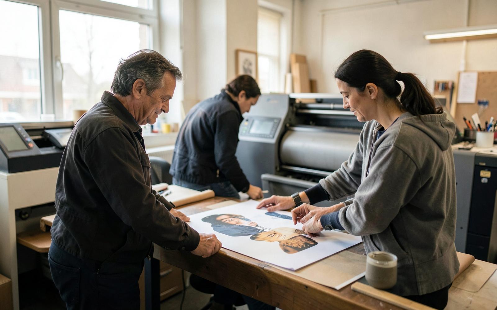 Twee medewerkers van Topcopy controleren een verse print